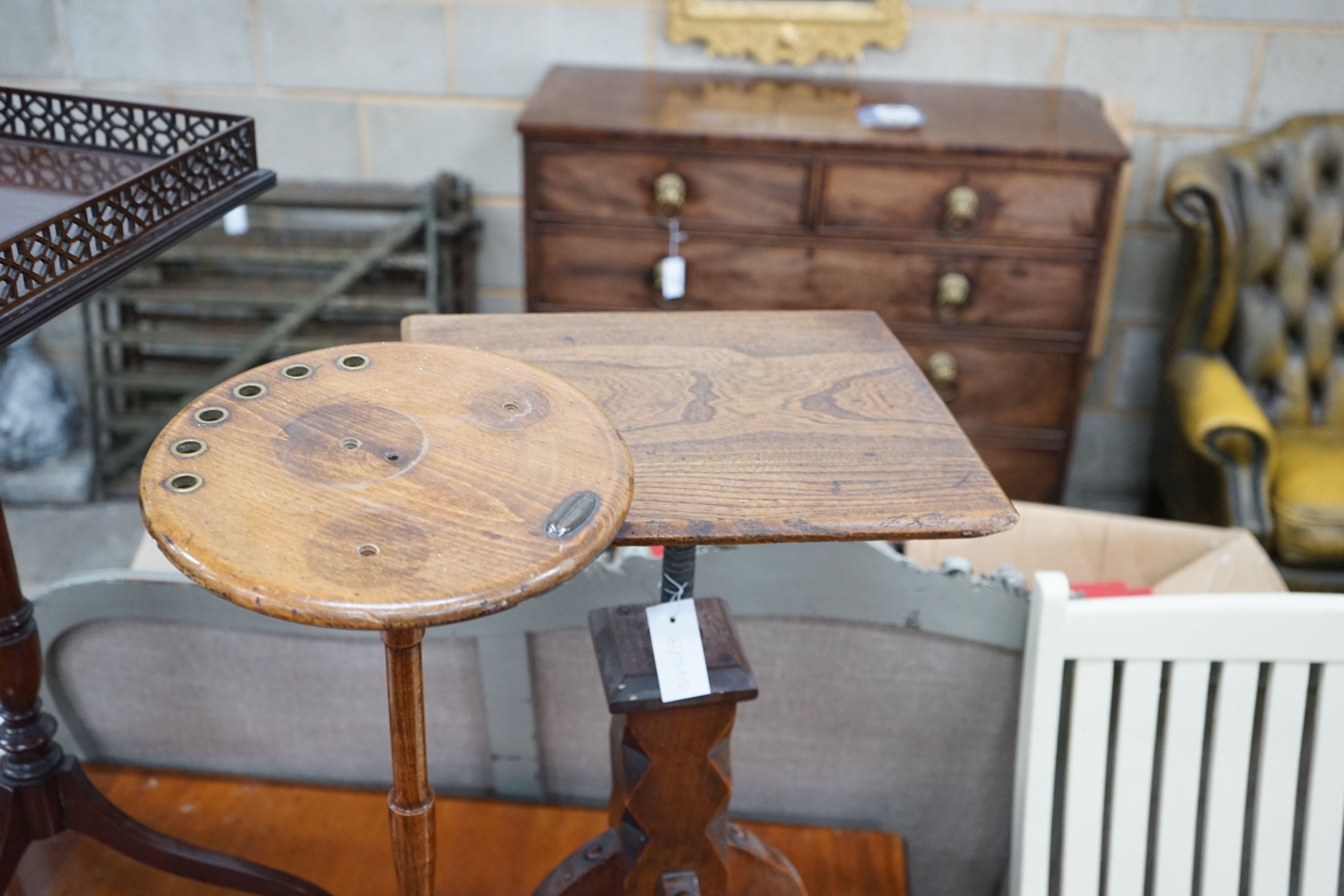 A late Victorian beech smoker's stand together with an oak adjustable table